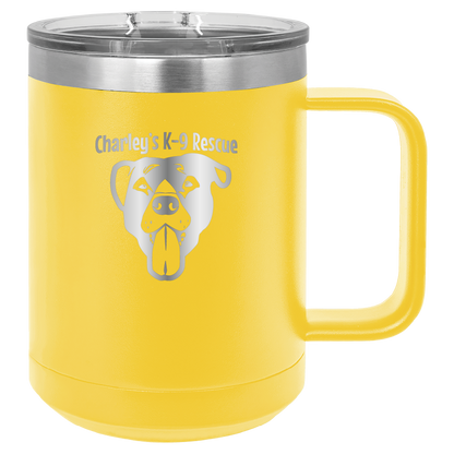 Yellow 15 oz coffee cup laser engraved  tumbler featuring the Charley's K9 Rescue logo