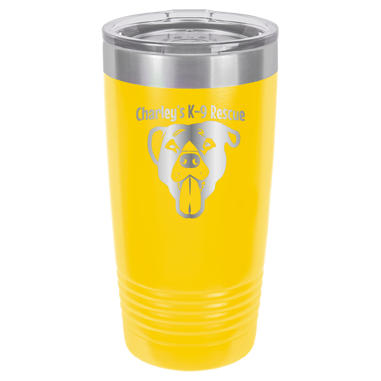 Yellow 20 ounce tumbler laser engraved  tumbler featuring the Charley's K9 Rescue logo