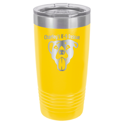 Yellow 20 ounce tumbler laser engraved  tumbler featuring the Charley's K9 Rescue logo