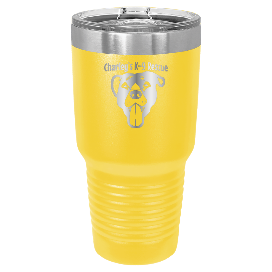 Yellow 30 oz tumbler laser engraved  tumbler featuring the Charley's K9 Rescue logo