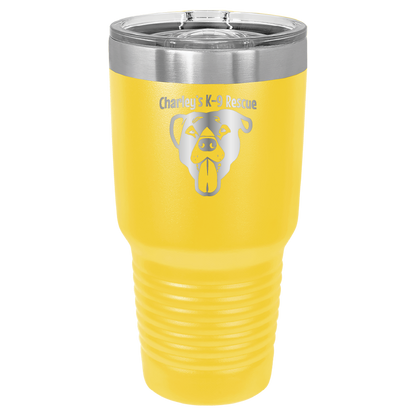 Yellow 30 oz tumbler laser engraved  tumbler featuring the Charley's K9 Rescue logo