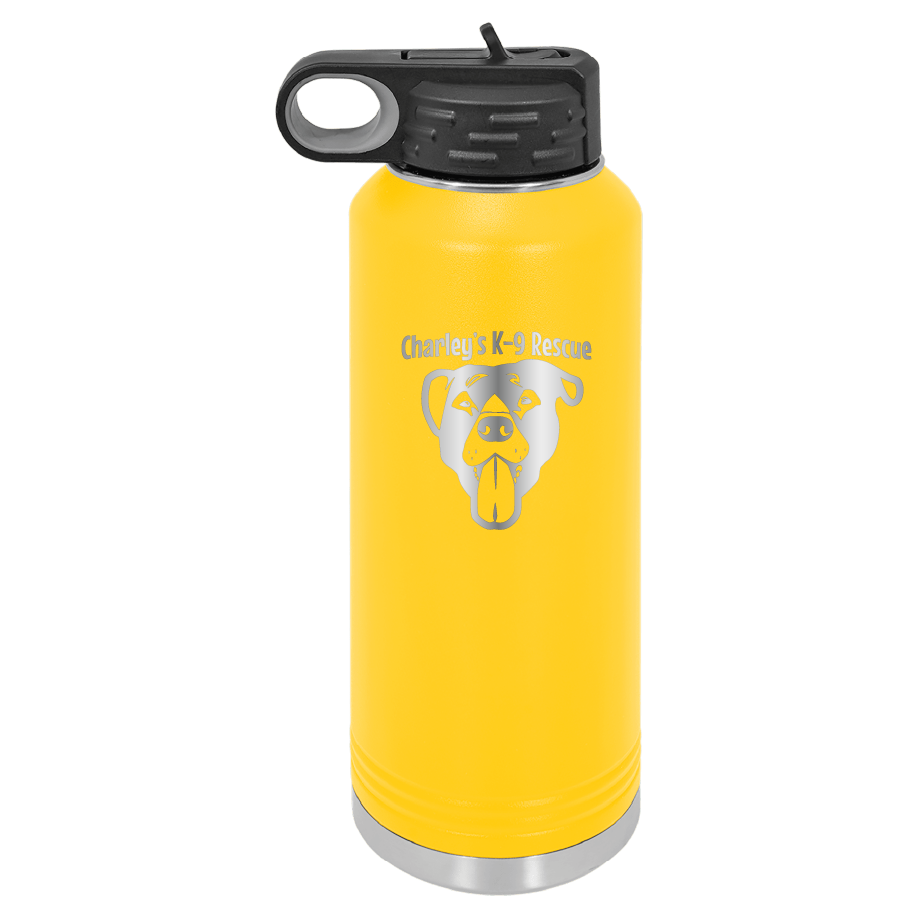 Yellow 40 oz water bottle laser engraved  tumbler featuring the Charley's K9 Rescue logo