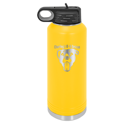 Yellow 40 oz water bottle laser engraved  tumbler featuring the Charley's K9 Rescue logo