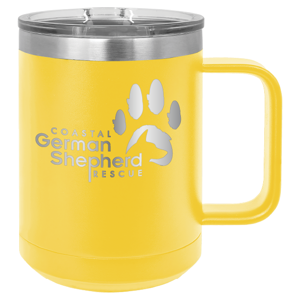 Yellow 15 ounce laser engraved coffee mug, featuring the with the Coastal German Shpherd Rescue of Orange County logo