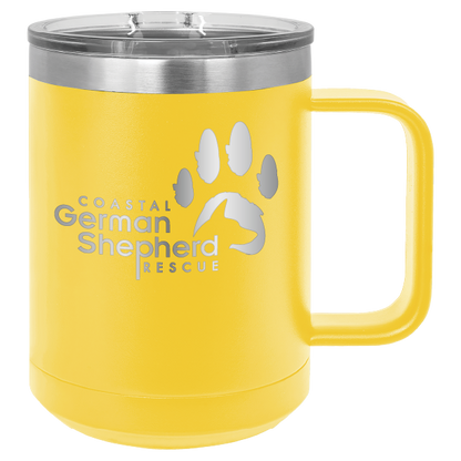 Yellow 15 ounce laser engraved coffee mug, featuring the with the Coastal German Shpherd Rescue of Orange County logo