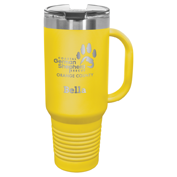 40 tumbler, laser engraved with the Coastal German Shepherd Rescue of OC logo, in yellow