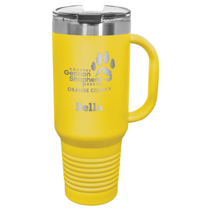 40 tumbler, laser engraved with the Coastal German Shepherd Rescue of OC logo, in yellow