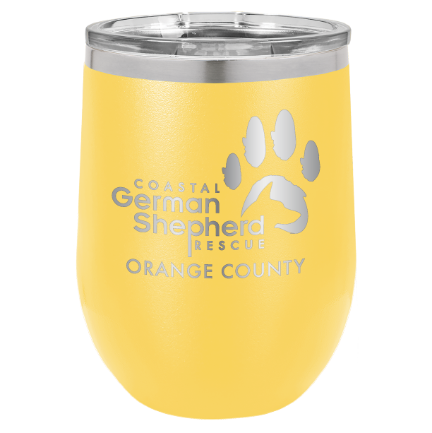12 oz Wine tumbler laser engraved with the Coastal German Shepherd Rescue of Orange County logo, in yellow