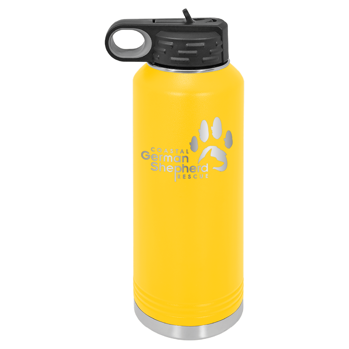 Yellow 40 ounce laser engraved water bottle, featuring the with the Coastal German Shpherd Rescue of Orange County logo