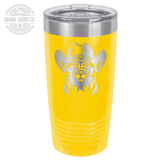 Yellow Cowboy Pug laser engraved 20 oz tumbler.