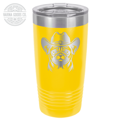 Yellow Cowboy Pug laser engraved 20 oz tumbler.