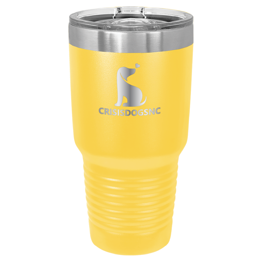 Yellow 30 oz laser engraved tumbler with the Crisis Dogs NC logo.