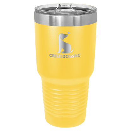 Yellow 30 oz laser engraved tumbler with the Crisis Dogs NC logo.