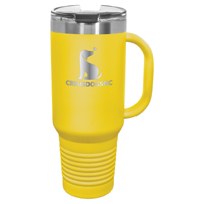 Yellow laser engraved 40 oz travel mug featuring the Crisis Dogs NC logo.