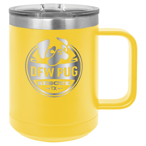 Yellow 15 oz laser engraved coffee cup featuring the DFW Pug Rescue logo