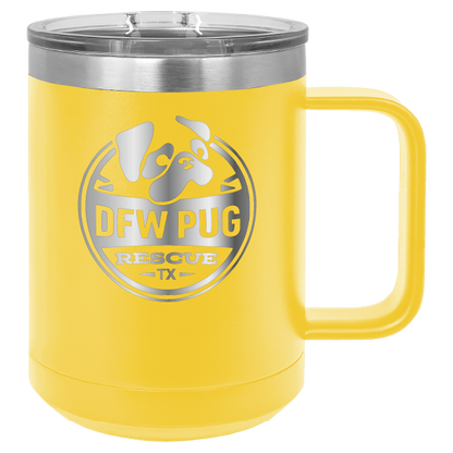 Yellow 15 oz laser engraved coffee cup featuring the DFW Pug Rescue logo