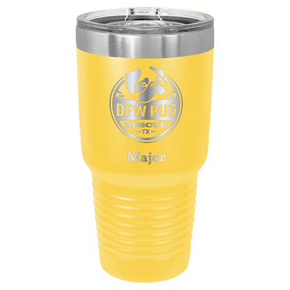 30 oz. DWF Pug Rescue laser engraved tumbler in yellow