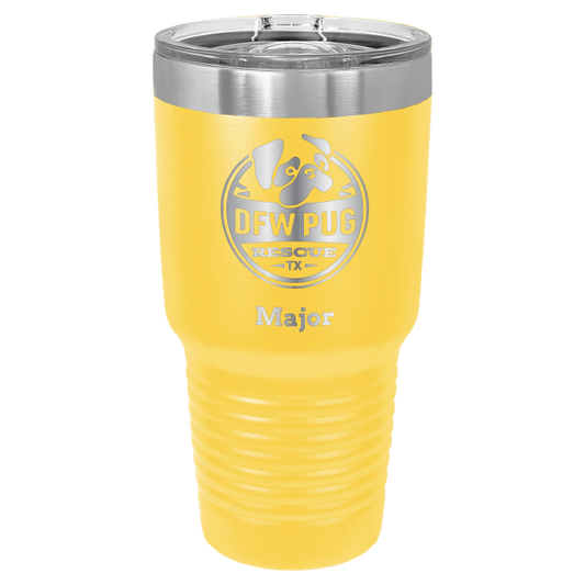 30 oz. DWF Pug Rescue laser engraved tumbler in yellow