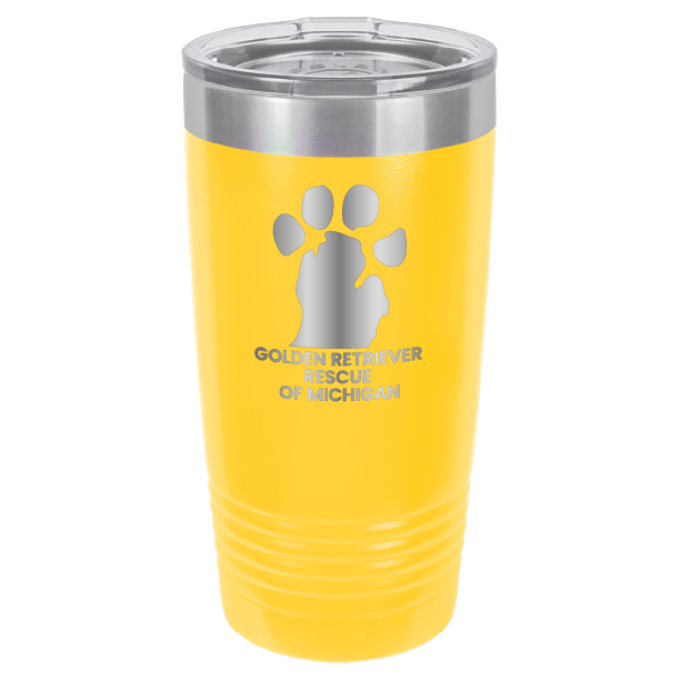 Yellow 20 Oz laser engraved tumbler with the Golden Retriever Rescue of Michigan logo