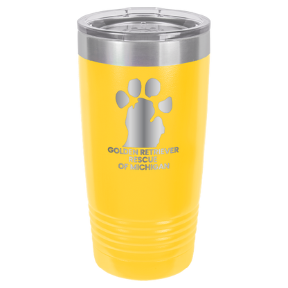 Yellow 20 Oz laser engraved tumbler with the Golden Retriever Rescue of Michigan logo