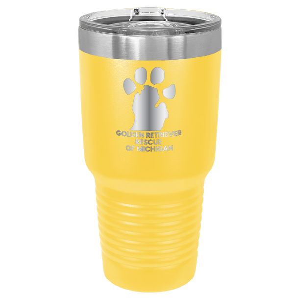 Yellow 30 laser engraved tumbler featuring the Golden Retriever Rescue of Michigan logo