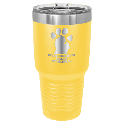 Yellow 30 laser engraved tumbler featuring the Golden Retriever Rescue of Michigan logo