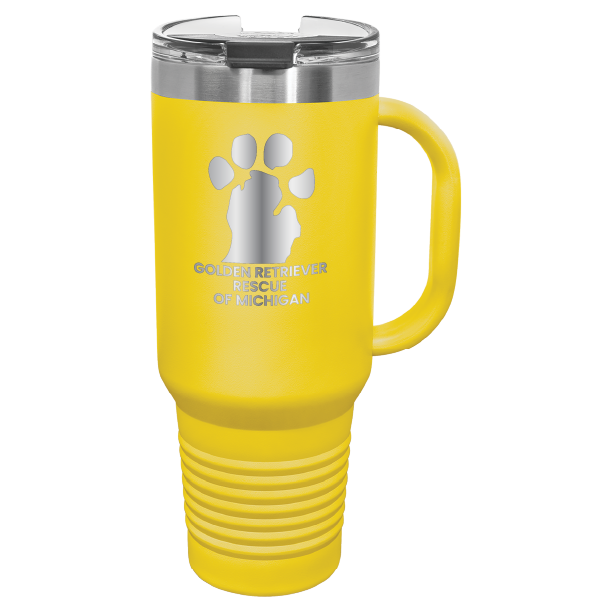 Yellow 40 Oz laser engraved tumbler featuring the  Golden Retriever Rescue of Michigan (GRRoM) logo