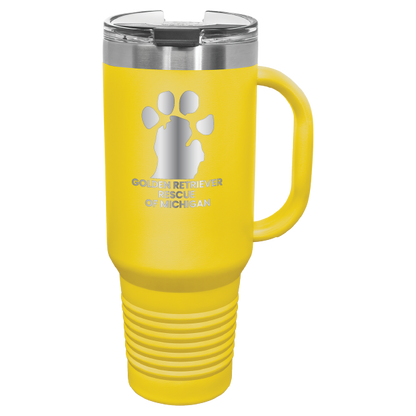 Yellow 40 Oz laser engraved tumbler featuring the  Golden Retriever Rescue of Michigan (GRRoM) logo