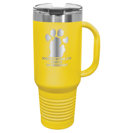 Yellow 40 Oz laser engraved tumbler featuring the  Golden Retriever Rescue of Michigan (GRRoM) logo