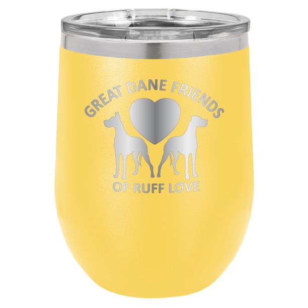 Yellow laser engraved wine tumbler with Great Dane Friends of Ruff Love logo.
