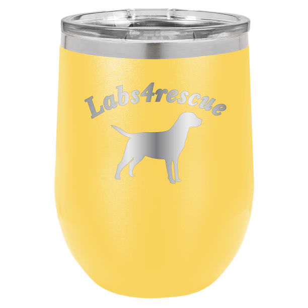 12 oz laser engraved wine tumbler with the labs4rescue logo, in yellow