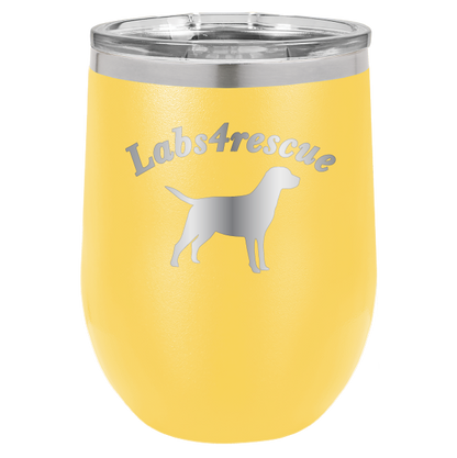 12 oz laser engraved wine tumbler with the labs4rescue logo, in yellow