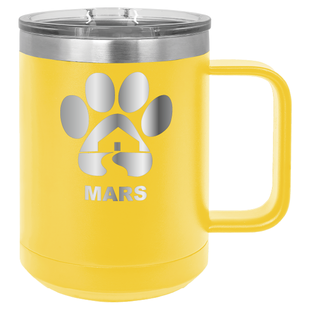 Yellow 15 ounce laser engraved coffee mug with the Midwest Animal Rescue & Services (MARS) logo.