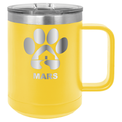 Yellow 15 ounce laser engraved coffee mug with the Midwest Animal Rescue & Services (MARS) logo.