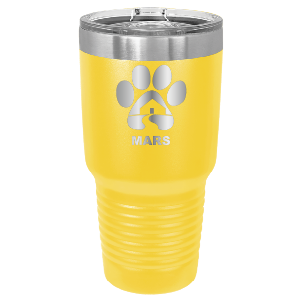 Yellow 30 ounce laser engraved tumbler with the Midwest Animal Rescue & Services (MARS) logo.