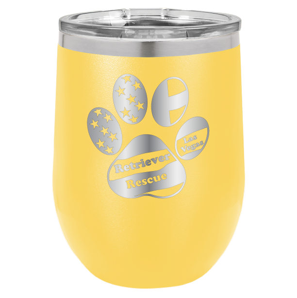 Yellow laser engraved wine tumbler with the logo of retriever rescue of Las Vegas