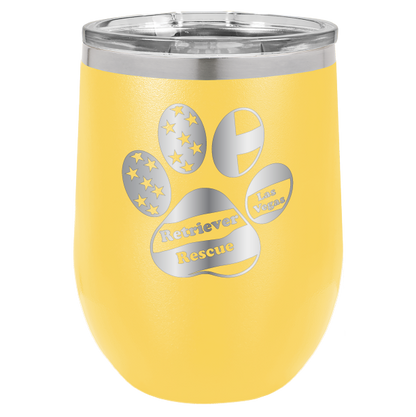Yellow laser engraved wine tumbler with the logo of retriever rescue of Las Vegas