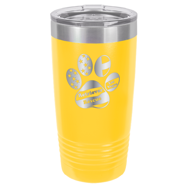 Yellow laser engraved 20 tumbler featuring the Retriever Rescue of Las Vegas logo