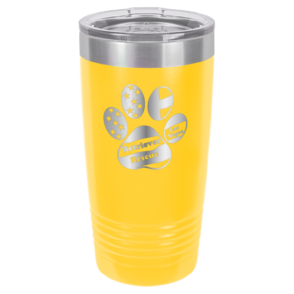 Yellow laser engraved 20 tumbler featuring the Retriever Rescue of Las Vegas logo