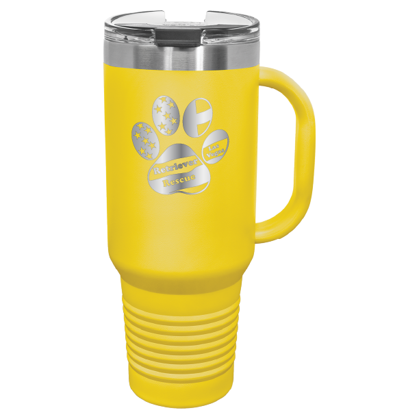 Yellow laser engraved tumbler with handle, featuring the logo of Retriever Rescue of Las Vegas