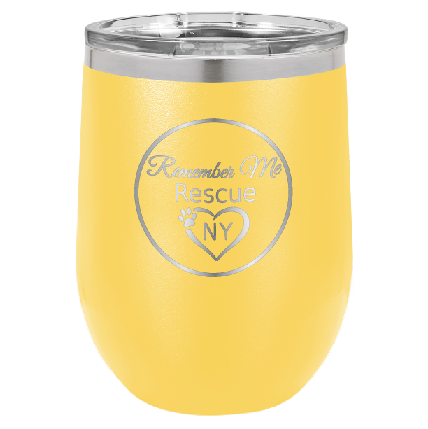 Yellow 12 oz laser engraved wine tumbler with the logo of Remember Me Rescue NY