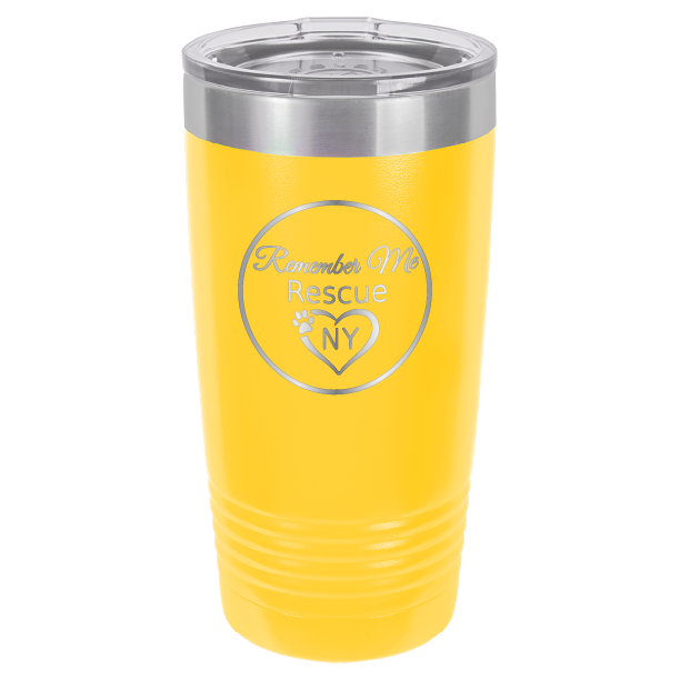 Yellow  laser engraved 20 tumbler featuring the logo of Remember Me Rescue NY