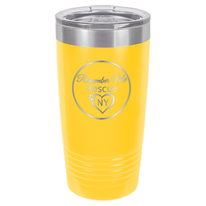 Yellow  laser engraved 20 tumbler featuring the logo of Remember Me Rescue NY