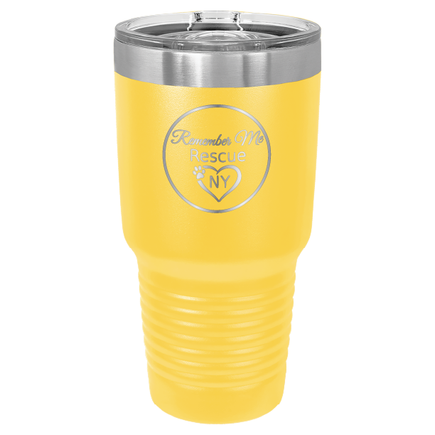 Yellow 30 oz laser engraved tumbler featuring the Remember Me Rescue NY logo.