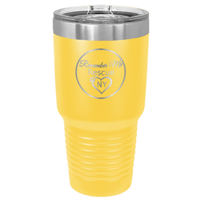 Yellow 30 oz laser engraved tumbler featuring the Remember Me Rescue NY logo.