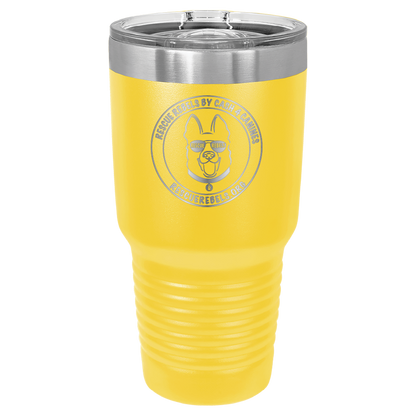 Yellow 30 oz tumbler laser engraved  water bottle featuring the Rescue Rebels logo