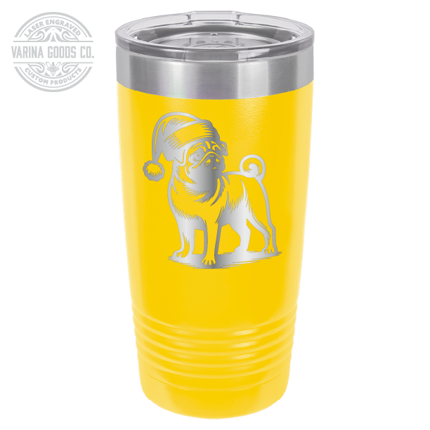 Pug wearing a Santa hat, 20 oz laser engraved tumbler, in yellow