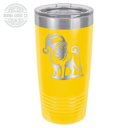 Pug wearing a Santa hat, 20 oz laser engraved tumbler, in yellow