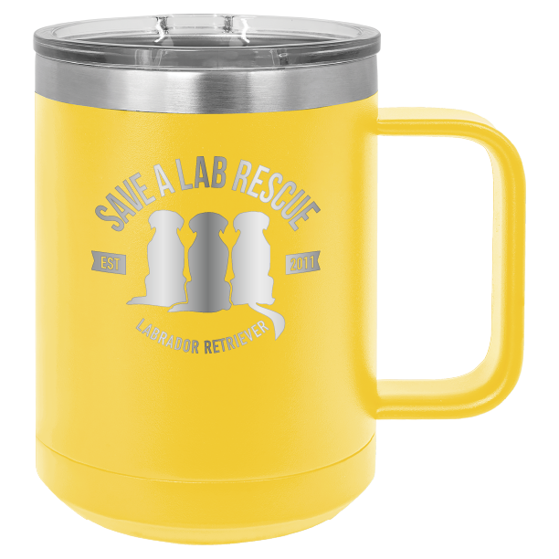 Yellow 15 oz laser engraved coffee cup featuring the Save A Lab Rescue logo.