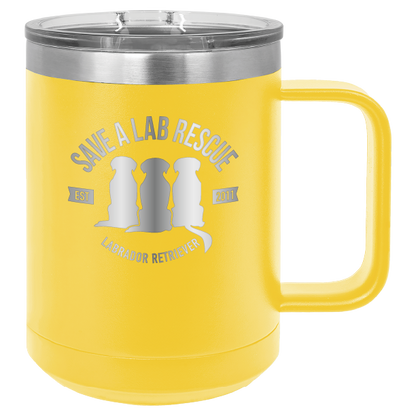 Yellow 15 oz laser engraved coffee cup featuring the Save A Lab Rescue logo.